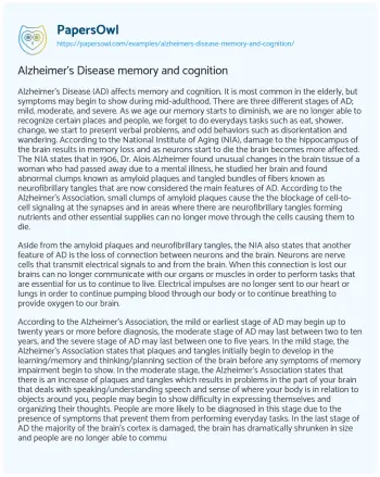 Essay on Alzheimer’s Disease Memory and Cognition