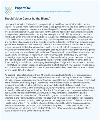 Essay on Should Video Games be the Blame?