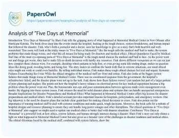 Essay on Analysis of “Five Days at Memorial”