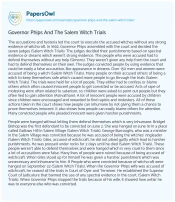 Essay on Governor Phips and the Salem Witch Trials