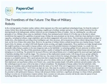 Essay on The Frontlines of the Future: the Rise of Military Robots