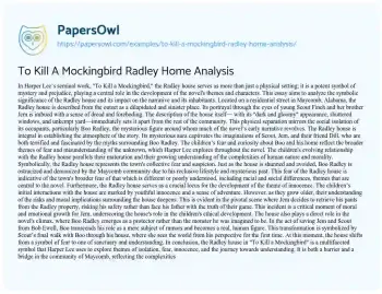 Essay on To Kill a Mockingbird Radley Home Analysis