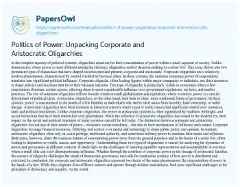 Essay on Politics of Power: Unpacking Corporate and Aristocratic Oligarchies