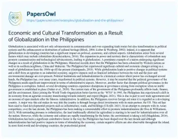 Essay on Economic and Cultural Transformation as a Result of Globalization in the Philippines