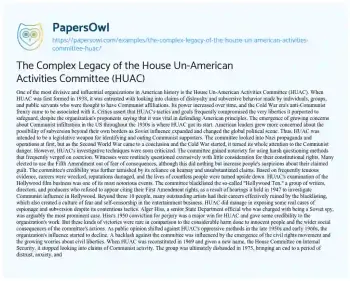 Essay on The Complex Legacy of the House Un-American Activities Committee (HUAC)