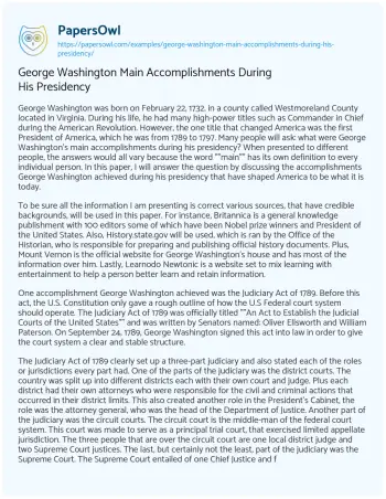 Essay on George Washington Main Accomplishments during his Presidency