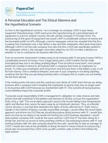 Essay on A Personal Education and the Ethical Dilemma and the Hypothetical Scenario