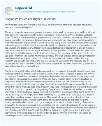 Essay on Plagiarism Issues for Higher Education