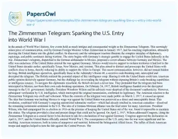 Essay on The Zimmerman Telegram: Sparking the U.S. Entry into World War i