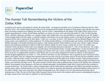 Essay on The Human Toll: Remembering the Victims of the Zodiac Killer