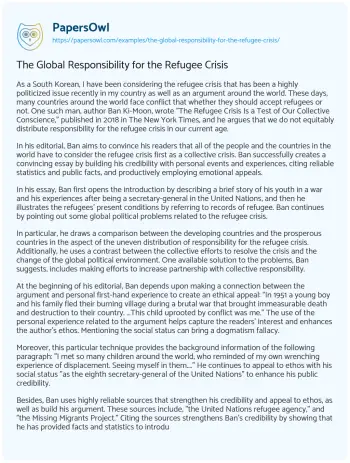 Essay on The Global Responsibility for the Refugee Crisis