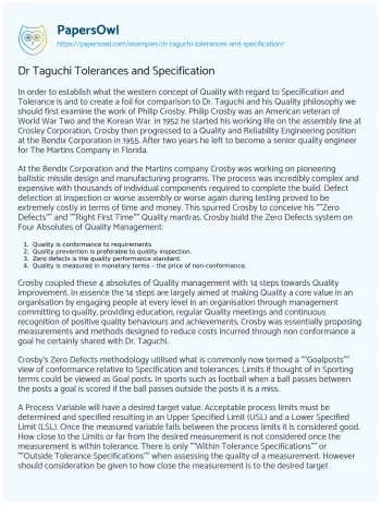 Essay on Dr Taguchi Tolerances and Specification