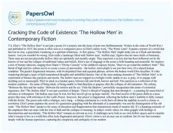 Essay on Cracking the Code of Existence: ‘The Hollow Men’ in Contemporary Fiction