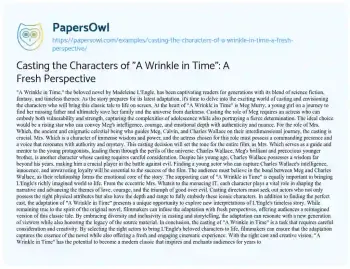 Essay on Casting the Characters of “A Wrinkle in Time”: a Fresh Perspective