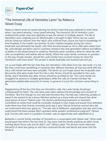 Essay on “The Immortal Life of Henrietta Lacks” by Rebecca Skloot Essay