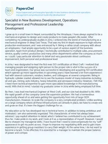 Essay on Specialist in New Business Development, Operations Management and Professional Leadership Development