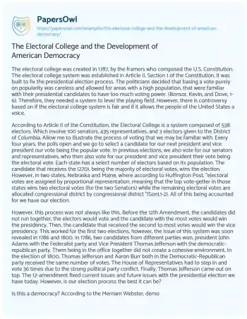 Essay on The Electoral College and the Development of American Democracy