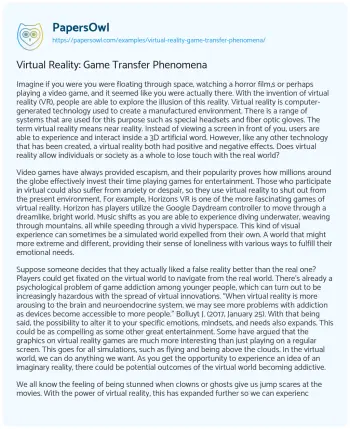 Essay on Virtual Reality: Game Transfer Phenomena