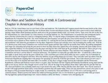 Essay on The Alien and Sedition Acts of 1798: a Controversial Chapter in American History