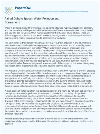 Essay on Paired Debate Speech Water Pollution and Consumerism