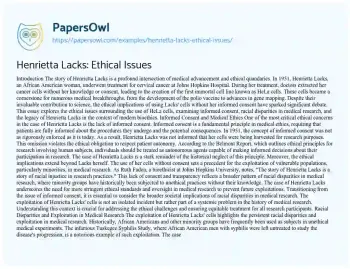 Essay on Henrietta Lacks: Ethical Issues