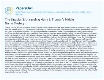 Essay on The Singular S: Unraveling Harry S. Truman’s Middle Name Mystery