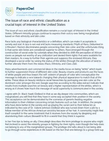 Essay on The Issue of Race and Ethnic Classification as a Crucial Topic of Interest in the United States