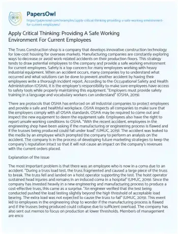 Essay on Apply Critical Thinking: Providing a Safe Working Environment for Current Employees