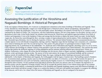 Essay on Assessing the Justification of the Hiroshima and Nagasaki Bombings: a Historical Perspective