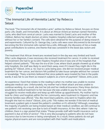 Essay on “The Immortal Life of Henrietta Lacks” by Rebecca Skloot