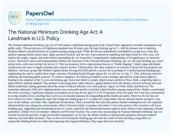 Essay on The National Minimum Drinking Age Act: a Landmark in U.S. Policy