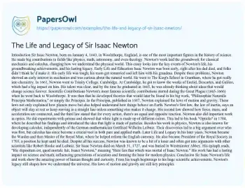 Essay on The Life and Legacy of Sir Isaac Newton