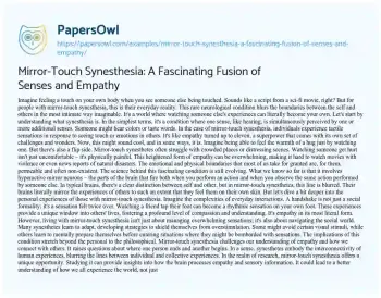 Essay on Mirror-Touch Synesthesia: a Fascinating Fusion of Senses and Empathy