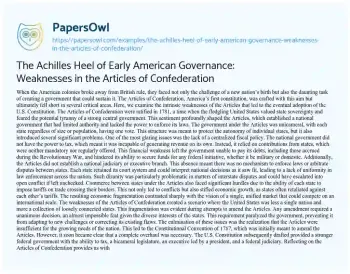 Essay on The Achilles Heel of Early American Governance: Weaknesses in the Articles of Confederation