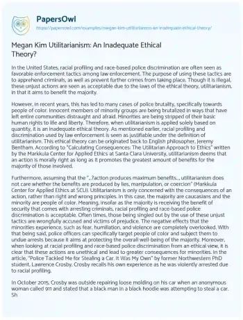 Essay on Megan Kim Utilitarianism: an Inadequate Ethical Theory?