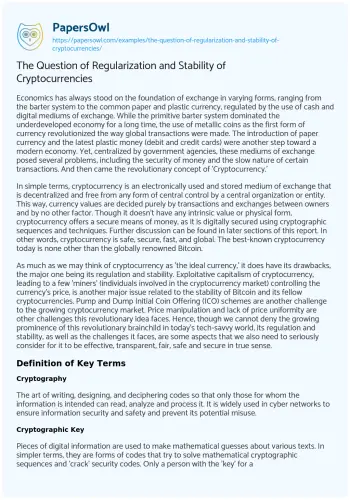 Essay on The Question of Regularization and Stability of Cryptocurrencies 