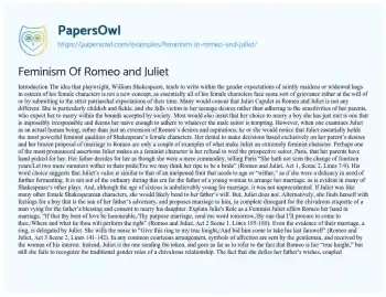 Essay on Feminism of Romeo and Juliet