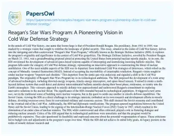 Essay on Reagan’s Star Wars Program: a Pioneering Vision in Cold War Defense Strategy