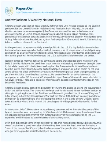 Essay on Andrew Jackson a Wealthy National Hero