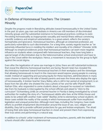 Essay on In Defense of Homosexual Teachers: the Unseen Minority