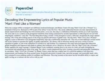 Essay on Decoding the Empowering Lyrics of Popular Music ‘Man! i Feel Like a Woman!’