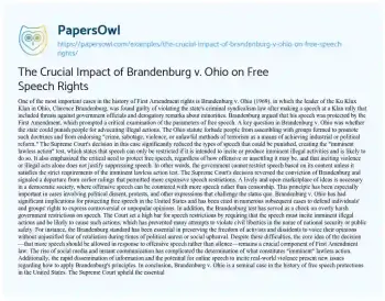 Essay on The Crucial Impact of Brandenburg V. Ohio on Free Speech Rights