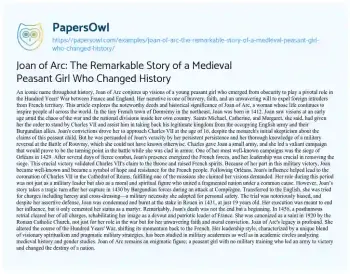 Essay on Joan of Arc: the Remarkable Story of a Medieval Peasant Girl who Changed History