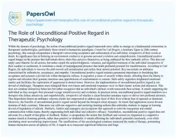 Essay on The Role of Unconditional Positive Regard in Therapeutic Psychology