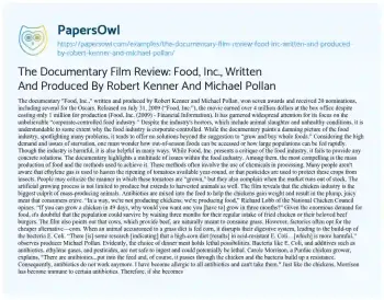 Essay on The Documentary Film Review: Food, Inc., Written and Produced by Robert Kenner and Michael Pollan