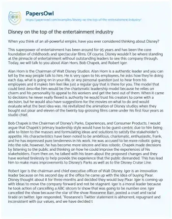 Essay on Disney on the Top of the Entertainment Industry