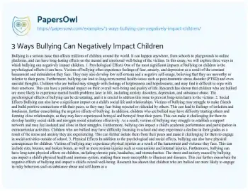 Essay on 3 Ways Bullying Can Negatively Impact Children