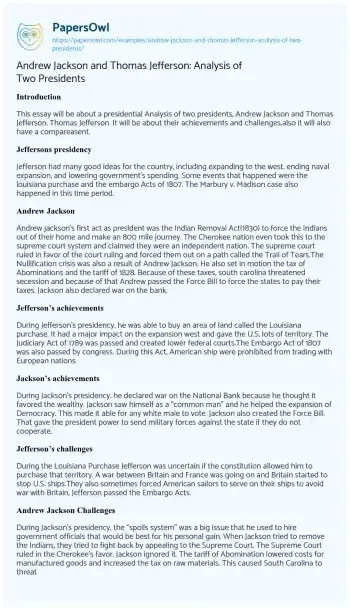 Essay on Andrew Jackson and Thomas Jefferson: Analysis of Two Presidents