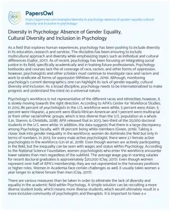 Essay on Diversity in Psychology: Absence of Gender Equality, Cultural Diversity and Inclusion in Psychology