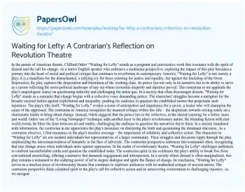 Essay on Waiting for Lefty: a Contrarian’s Reflection on Revolution Theatre